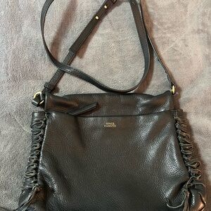 Vince Camuto Black Pebble Leather Side Lace Zipper Bag with pockets